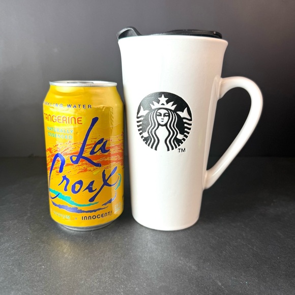 Starbucks 2013 Tall Coffee Mug with Lid White Ceramic Black Mermaid Logo 16 Oz - Picture 10 of 11